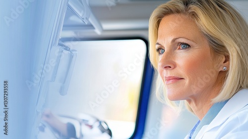 Focused Female Doctor Working Inside Medical Vehicle.