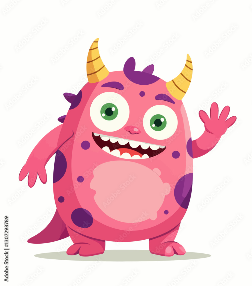 Fototapeta premium Friendly pink monster with horns waves hello