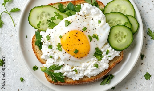 Toasted bread topped with cottage cheese, fried egg, cucumber, and parsley.