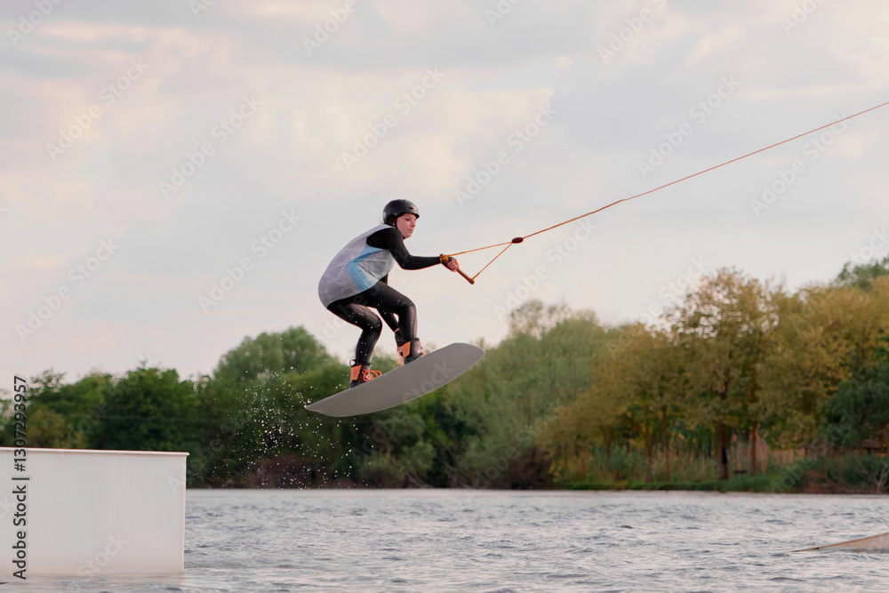 A wakeboarder girl makes a jump on a lake at dusk A wakeboarder girl makes a jump on a lake at dusk