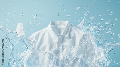 A white shirt is being washed by an air cannon, with bubbles and water flowing around it in blue background. The laundry scene has been created 