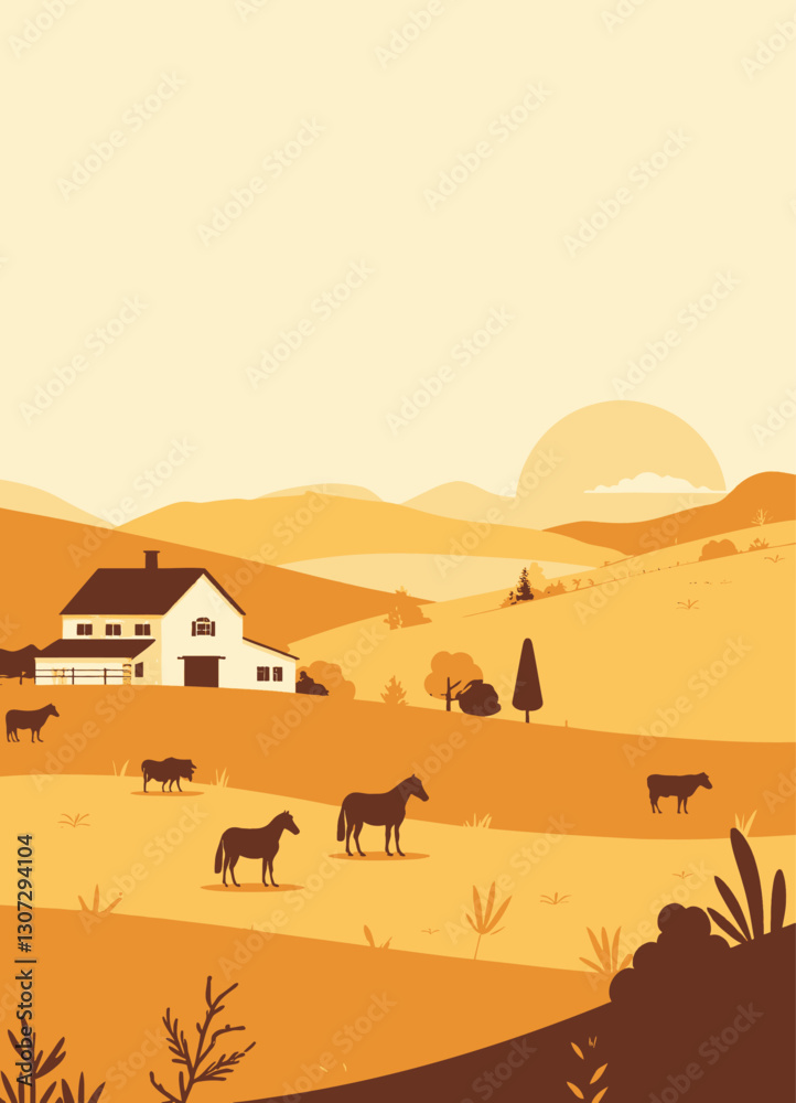 Golden Hour Farm Scene with Horses, Barn, and Rolling Hills Golden Hour Farm Scene with Horses, Barn, and Rolling Hills