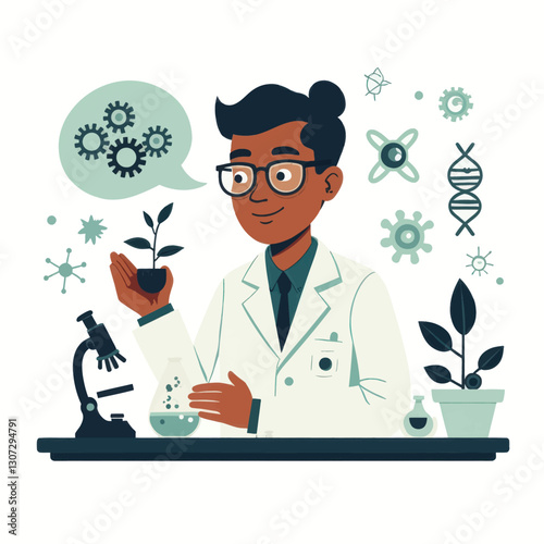 Illustration of scientist with DNA, plant life and microscope