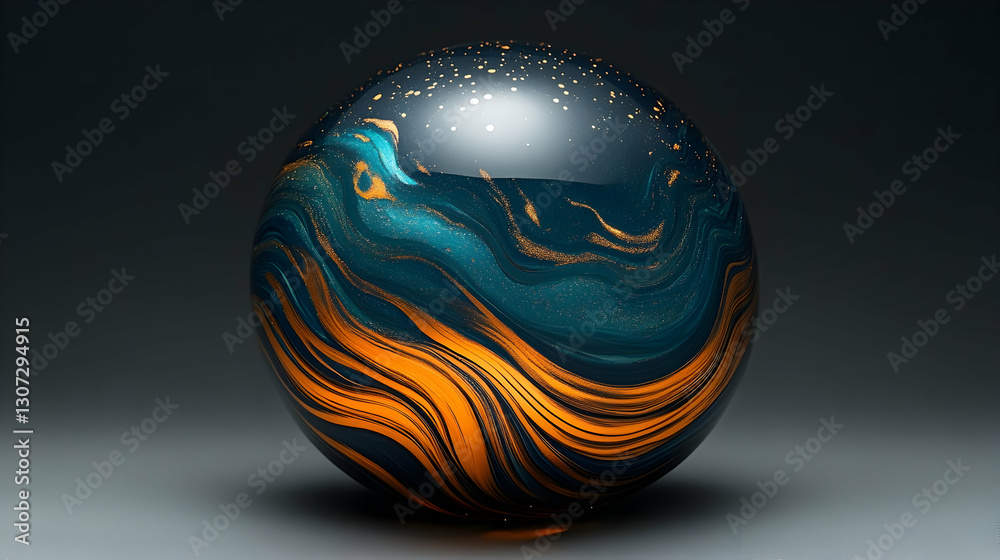 Naklejka premium Abstract sphere with teal and gold swirling patterns.