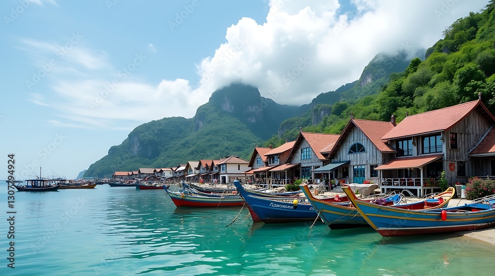 Coastal village with colorful boats docked along the shore and mountains in the background Coastal village with colorful boats docked along the shore and mountains in the background