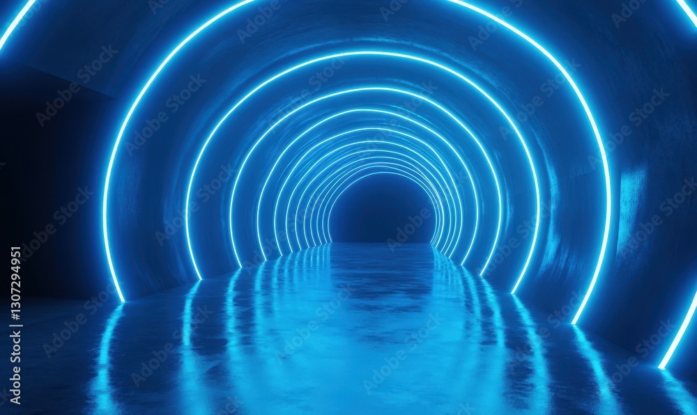 Fototapeta premium Futuristic Tunnel with Glowing Blue Neon Lights Reflecting on Wet Floor in a Dark Environment Featuring a Sci-Fi Ambiance and Electric Vibes