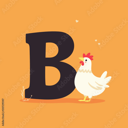 Letter B with White Chicken on Orange Background