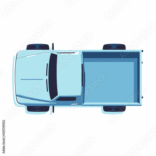 Light blue pick-up truck, overhead view, graphic style
