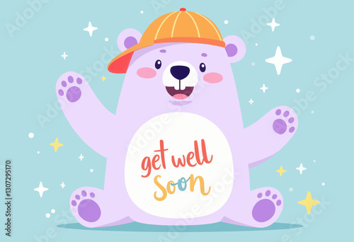 Lilac bear says Get Well Soon with orange cap on blue