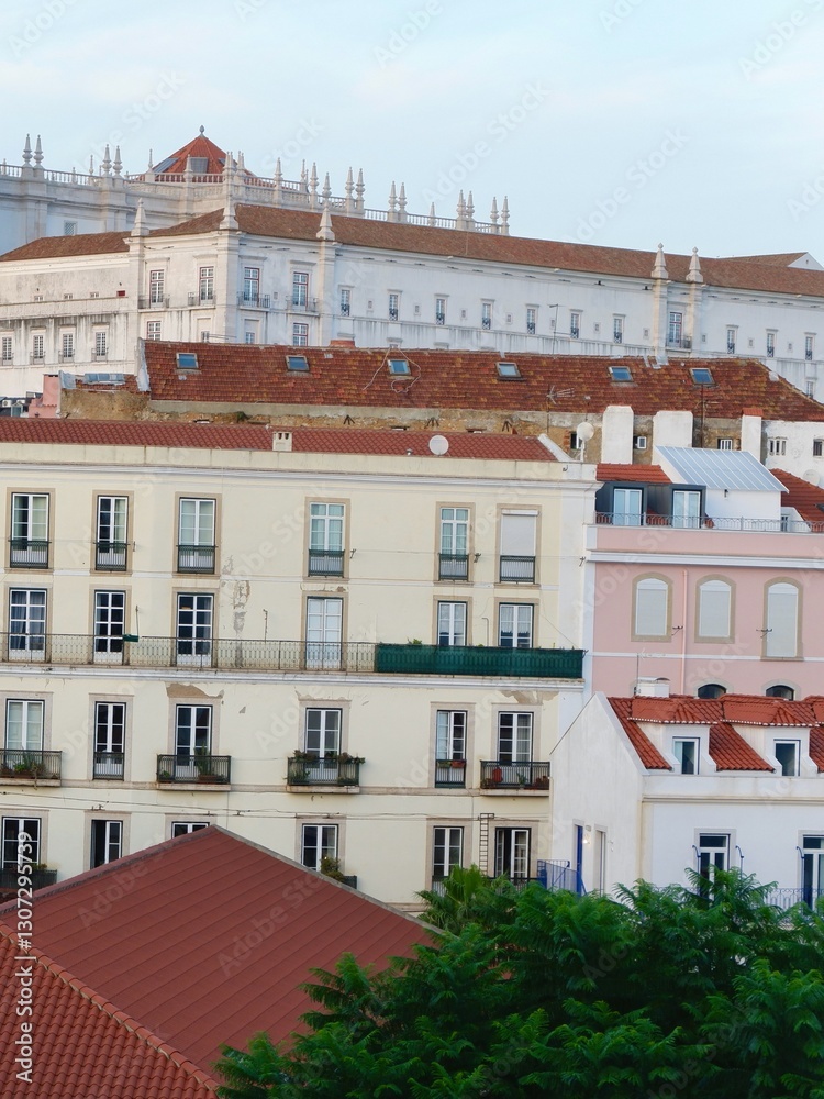 Shabby colourful buildings of dowtown district Aflama, Lisbon, Portugal