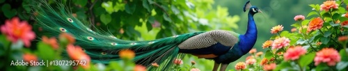 Peacock's majestic form amidst flowers and foliage, nature, birdlife, greenery