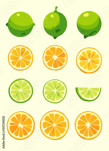 Oranges and limes, whole and halved, arranged in rows