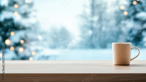 Cozy Winter Scene with Coffee Mug on Wooden Table