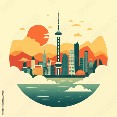 Shanghai Skyline Illustration with Oriental Pearl Tower
