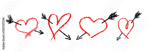 Set of red hearts signs drawn by wax pencil. Love symbols in doodle style. Collection of hand drawn hearts with black arrow stuck in its, Valentines day or wedding card elements. Vector illustration