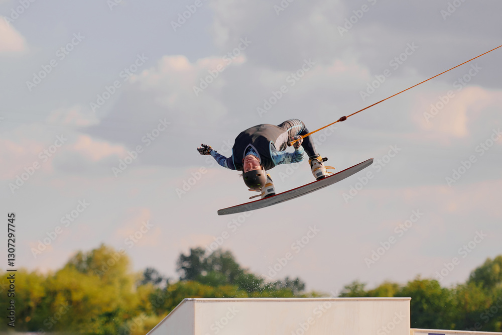 A wakeboarder performs a tantrum backflip in the air in a rope park, demonstrating acrobatic skills and balance against the background of a summer landscape A wakeboarder performs a tantrum backflip in the air in a rope park, demonstrating acrobatic skills and balance against the background of a summer landscape