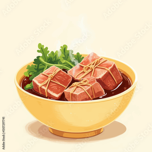Steaming, cubed braised pork in yellow bowl with greens