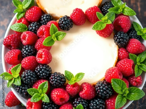 A colorful arrangement of fresh raspberries, blackberries, and mint leaves surrounding a slice of cheesecake, raspberries, edible flowers, garnish