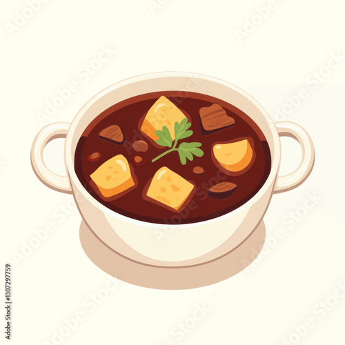 Stew bowl with tofu and parsley garnish