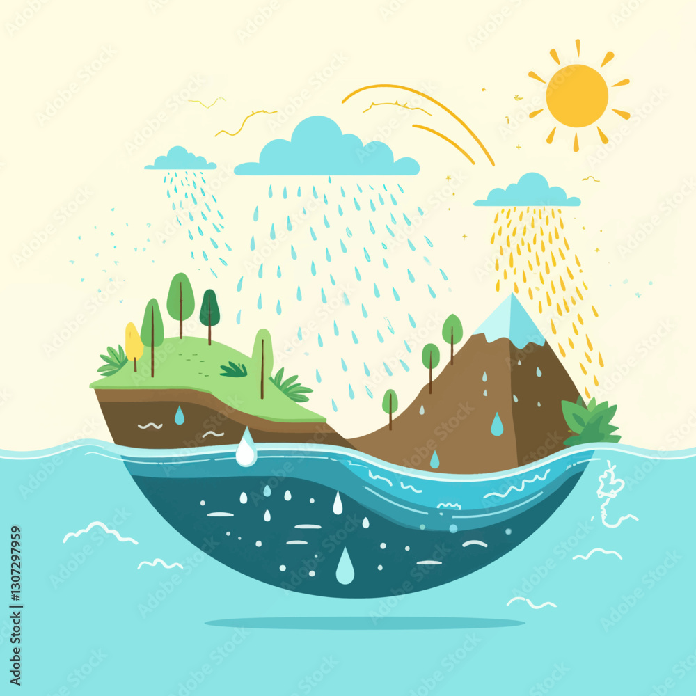 Naklejka premium Stylized illustration of the water cycle on land