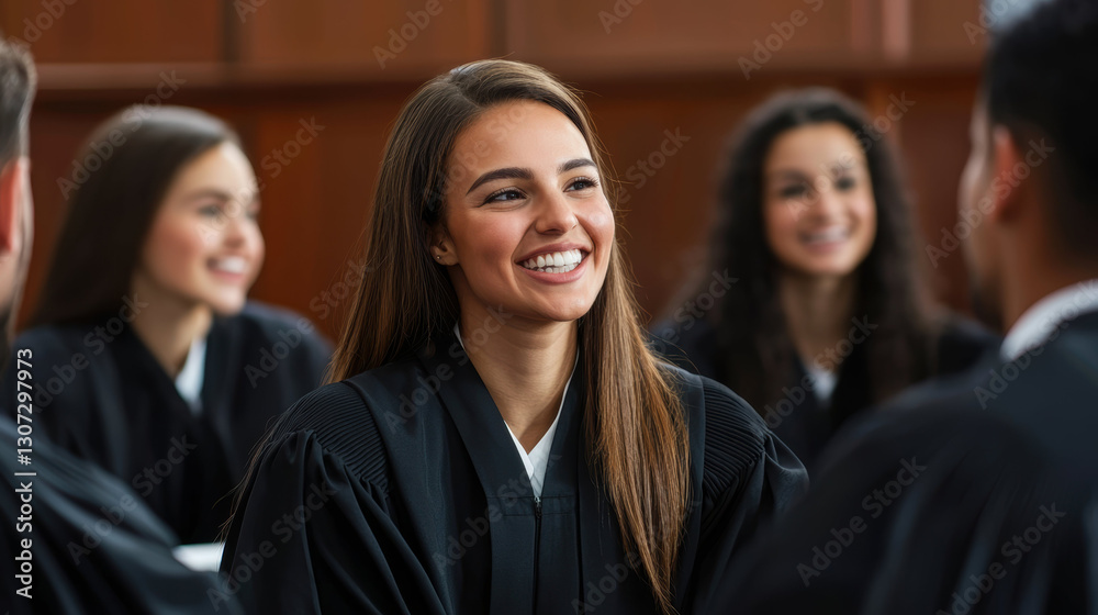 smiling woman in judge robe engages with her team during meeting smiling woman in judge robe engages with her team during meeting