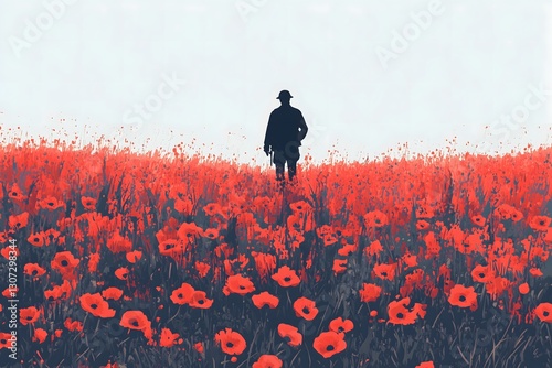 Field of red poppy flowers with soldier silhouette. Remembrance Day, Memorial Day background. Anzac day, lest we forget. National public holiday.
