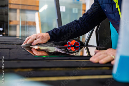 Photos Dans un atelier de miroiterie, un technicien est en train de nettoyer le miroir