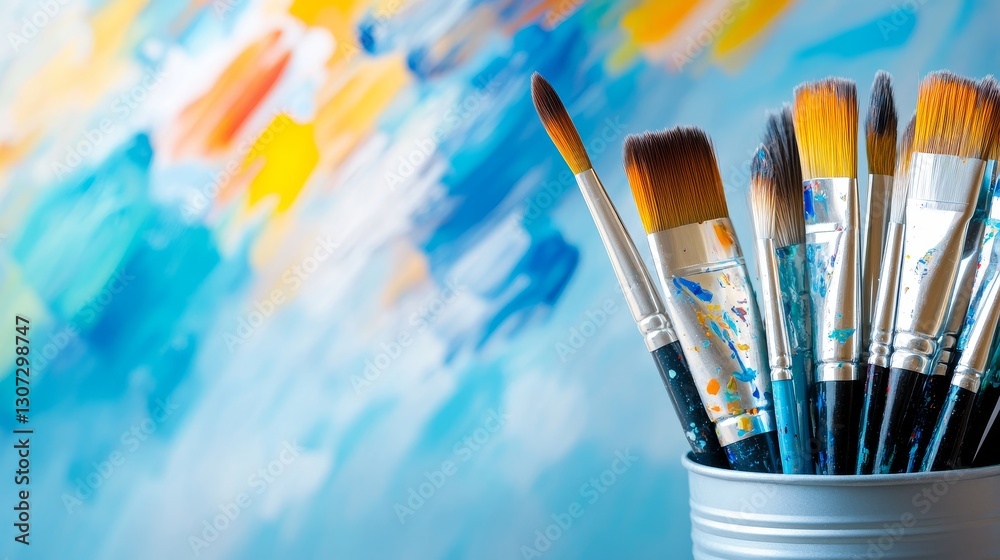 Fototapeta premium A vibrant collection of paintbrushes in a can, set against a colorful abstract background