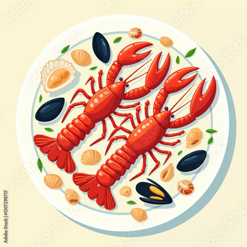 Two red crawfish and shellfish cartoon on plate