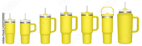 Thermo cup with handle and straw. 14, 30, 40, 64 oz. Travel thermos. Set of yellow mugs. Tumbler or quencher