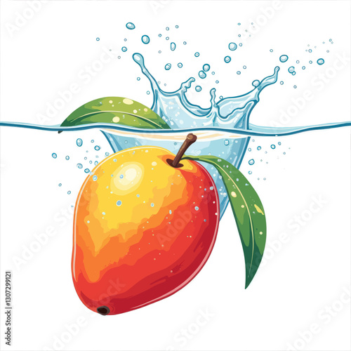 Vibrant mango fruit with leaves splashing into water