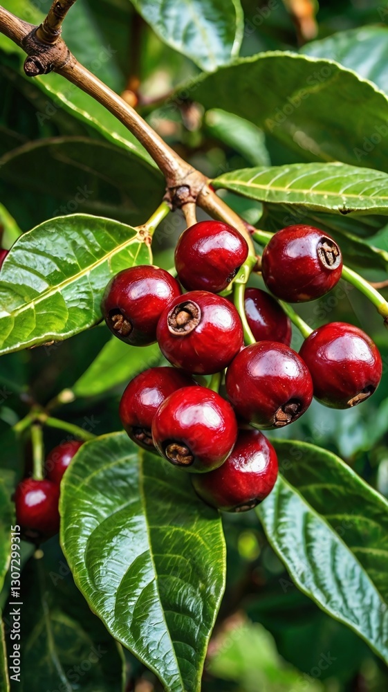Coffee Beans on Branch: Clusters of ripe red coffee cherries hang heavy on a branch, nestled amongst vibrant green leaves, promising a rich and aromatic brew. Coffee Beans on Branch: Clusters of ripe red coffee cherries hang heavy on a branch, nestled amongst vibrant green leaves, promising a rich and aromatic brew.
