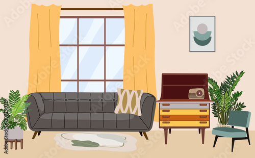 Living room with furniture and decor in mid century modern style. Cozy apartment furnished with sofa, cupboard, soft chair. Interior design with house plants, picture, window. Flat vector illustration