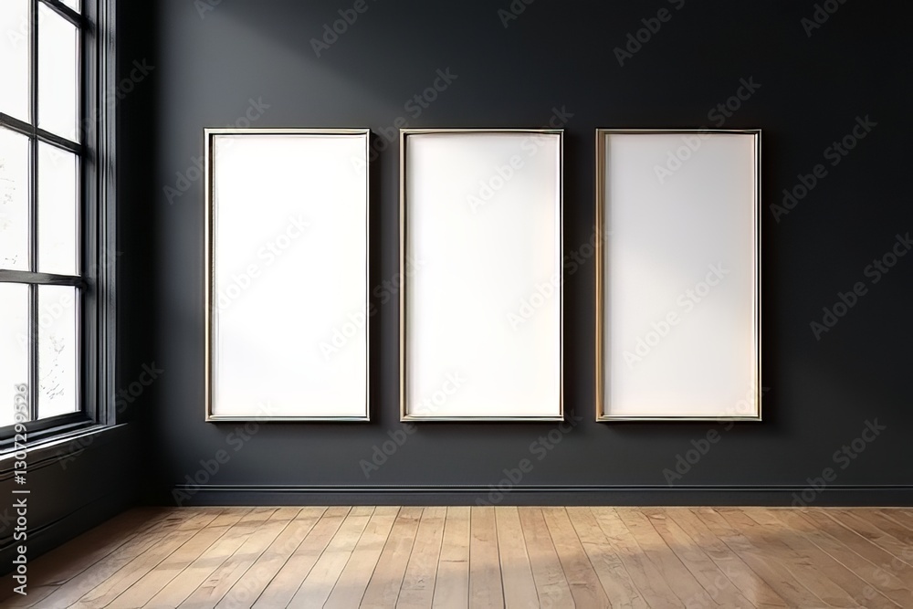 Three Empty Picture Frames on Dark Wall in Modern Room Interior Design Three Empty Picture Frames on Dark Wall in Modern Room Interior Design