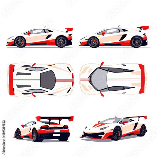 White and Red Sports Car Multi-View Illustration