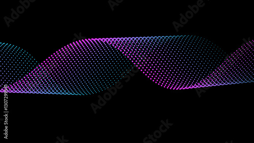 Abstract flowing dot particles background. Wave halftone gradient color. Smooth curve round shape isolated on black background.