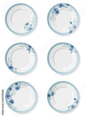White plates with blue floral design and light blue rim