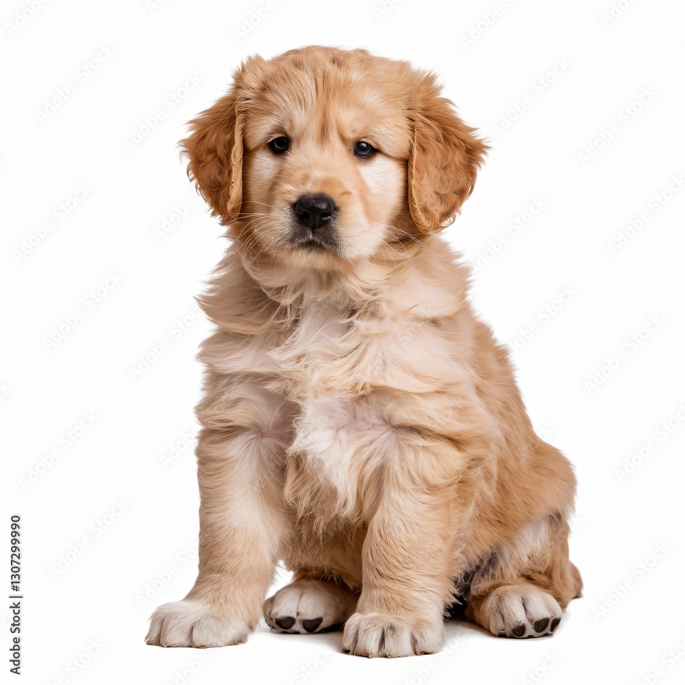Fluffy Young Dog with Light Brown Fur Sitting on White Background. Fluffy Young Dog with Light Brown Fur Sitting on White Background.