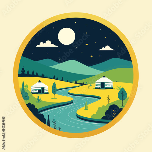 Yurts by River at Night, Golden Circle Art