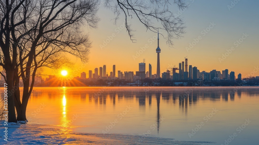 Naklejka premium Toronto Skyline Sunrise: A Winter's Day Reflection