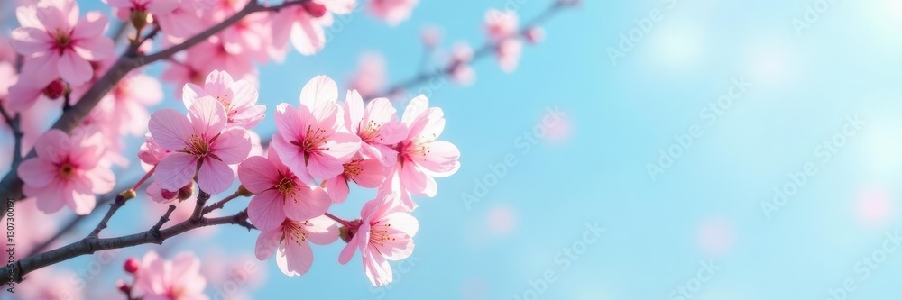 Obraz premium Pastel pink sakura branches against a soft blue sky, spring, branch