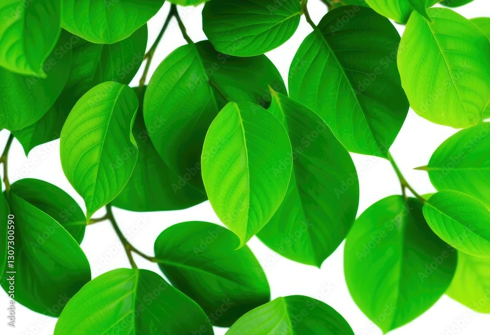 Lush green leaves, vibrant texture, isolated on pure white, stock photo, white background