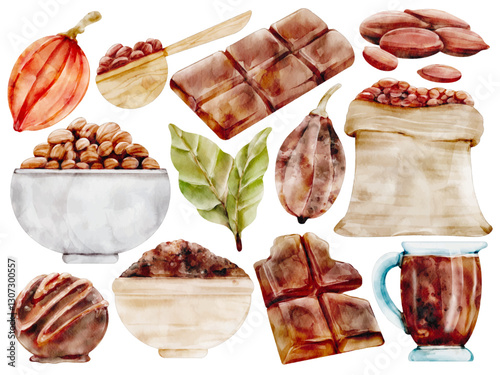 Watercolor Chocolate and Cocoa Illustration Set, Dessert, Sweet, Cacao Beans, Chocolate Bars, Hot Chocolate, Truffles, Cocoa Powder, Candy, Baking, Gourmet
