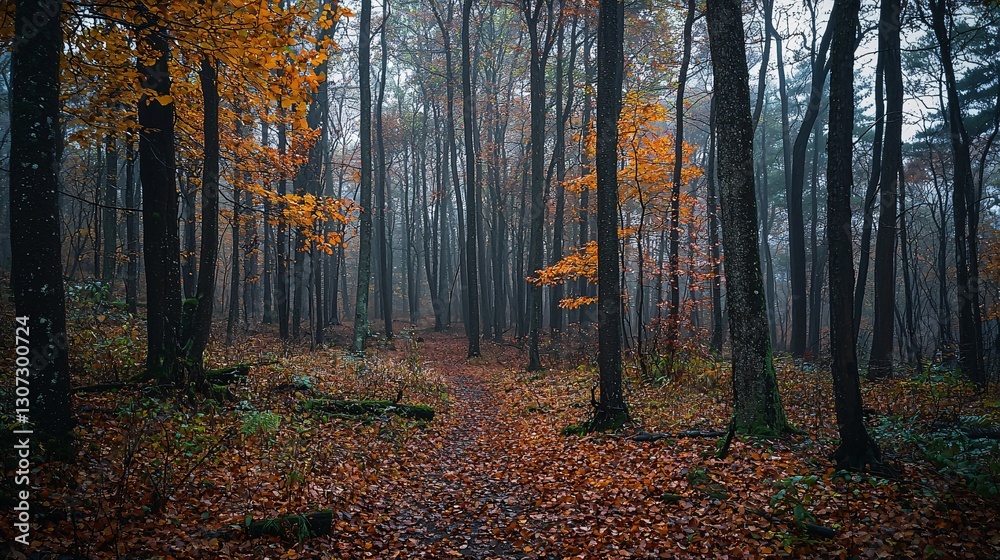 Obraz premium A misty autumn forest path surrounded by tall trees and leaves