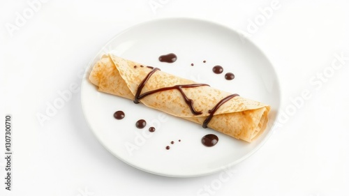 A lone banana crepe lies on a pristine white plate, its remains speckled with dark chocolate syrup droplets, food, breakfast, syrupdroplets photo