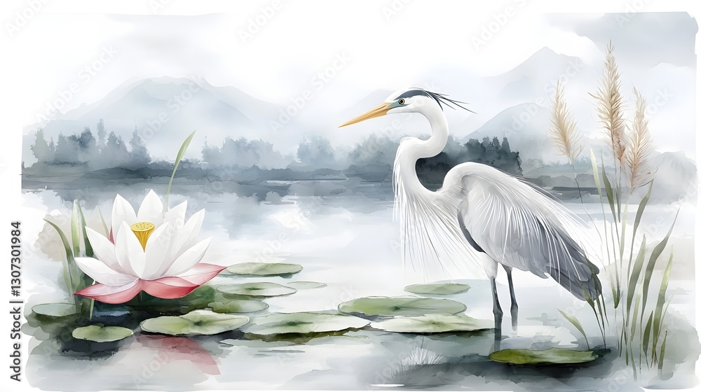 Fototapeta premium Serene and Heron and Lotus Composition with Detailed Feathers Floating Lily Pads and Warm Golden Light Creating a Timeless Representation of Natural Elegance and Tranquility