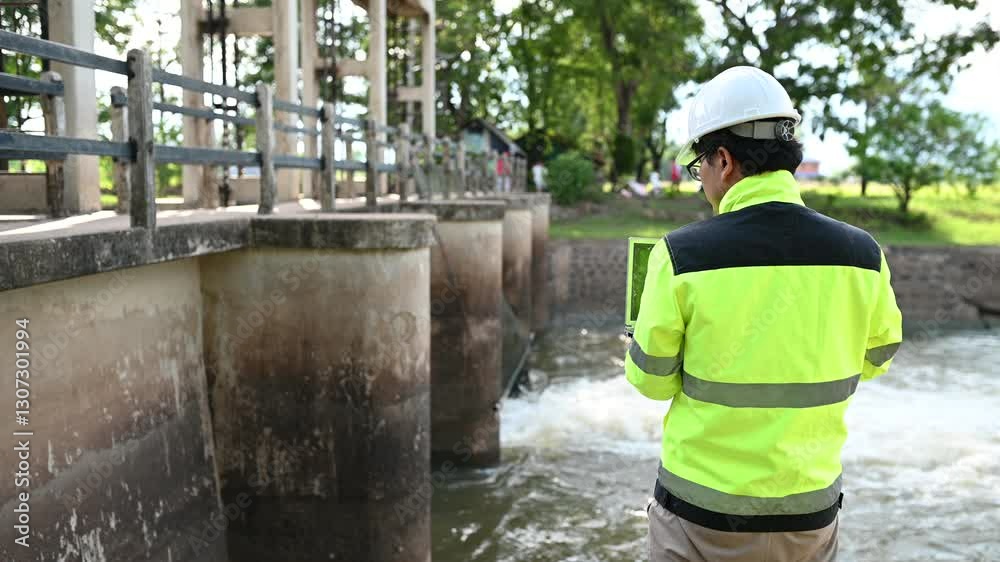 A engineering doing his checking routine. He is wearing hard hat and engineer uniform.Standing by the rail by the dam.Monitor water levels from the heavy rain that has been falling for several days.