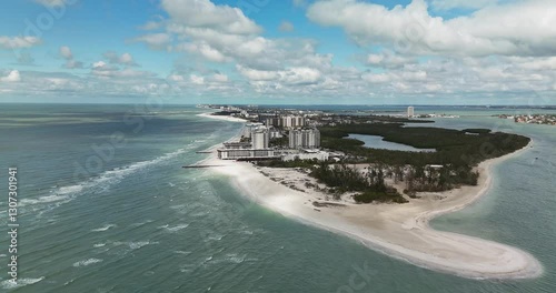 Lido Key, Sarasota, FL, USA - 02-20-2025: Winter aerial video of the vacation beach community, Lido Key, Sarasota, FL, on the Gulf of Mexico.