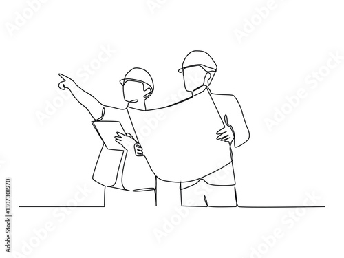 Single continuous line drawing of young architect discussing construction design with foreman manager. One line draw design vector graphic illustration.