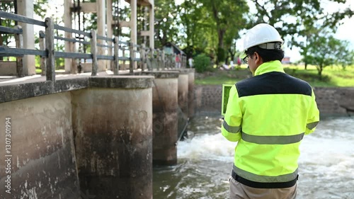 A engineering doing his checking routine. He is wearing hard hat and engineer uniform.Standing by the rail by the dam.Monitor water levels from the heavy rain that has been falling for several days.